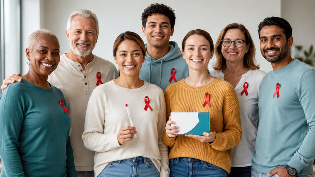 Diverse adults wearing red HIV awareness ribbons, smiling and holding an HIV self-test kit and swab in a supportive group setting