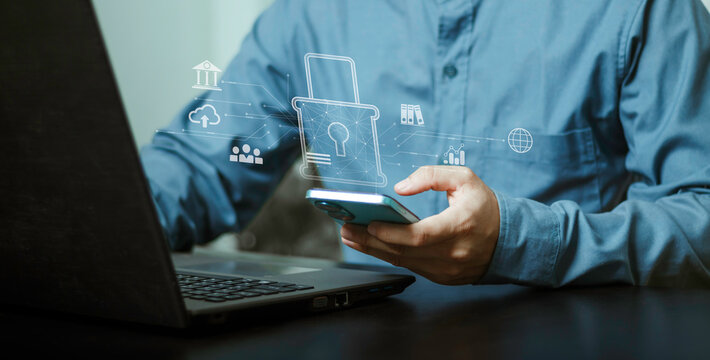 Digital financial security concept, Data protection, cybersecurity, online banking, privacy, risk management and secure technology. Smartphone with a secure lock and connected business icons.