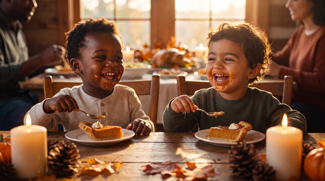 Two diverse toddlers enjoying pumpkin pie together at Thanksgiving table, family celebration banner.