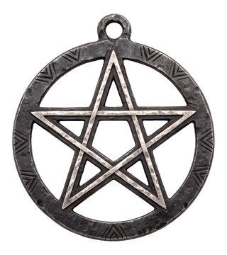 forged iron pentagram talisman pendant with engraved symbols on a transparent background