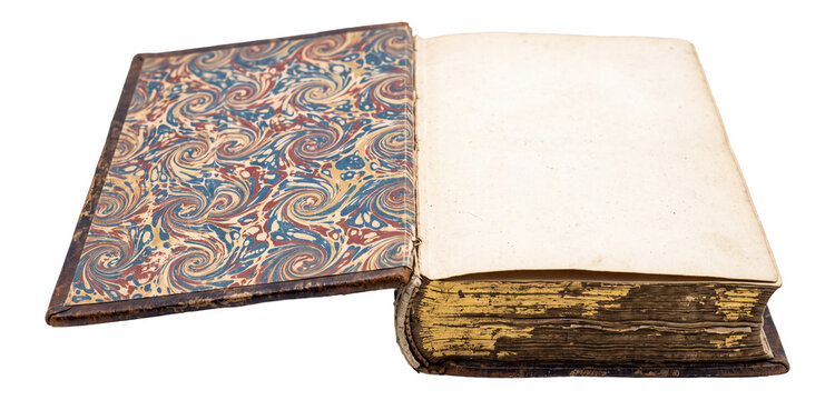 open antique leather folio book with blank blank page and marbled endpaper on a transparent background