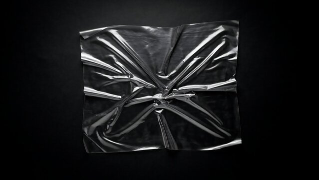 A sheet of transparent plastic with wrinkles and folds isolated on a solid black background, for texture use