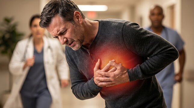 Mature man suffering from a sudden heart attack in a hospital corridor with medical staff rushing to help