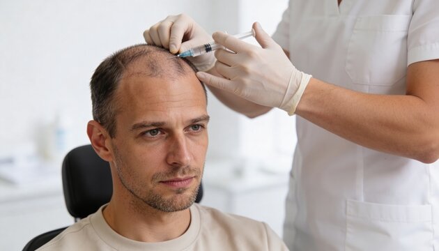Man receiving hair loss treatment injection in scalp. Professional medical procedure for alopecia and thinning hair. Hair restoration and mesotherapy concept