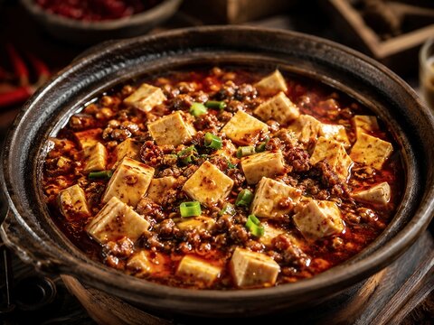 Authentic Chinese Mapo Tofu. For Chinese food, Asian cuisine, restaurant menus, food delivery, Sichuan cuisine, Asian comfort food