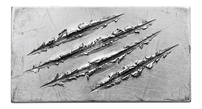 deep sharp claw scratch marks on a brushed metal plate on a transparent background