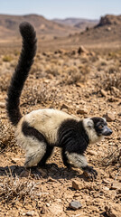 Fototapeta premium Black and white ruffed lemur (Varecia variegata) walking in a rocky desert landscape