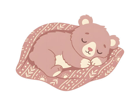 Adorable Hand Drawn Sleeping Teddy Bear on a Soft Patterned Blanket Vector Illustration