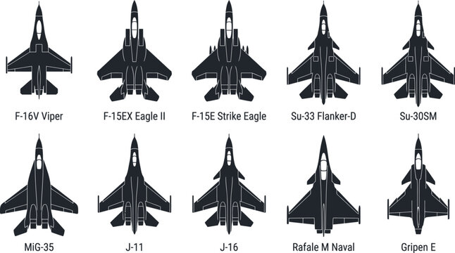 Modern Fighter Jet Icon Set | F-16V Viper, F-15EX Eagle II, Su-33, Su-30SM, MiG-35, Rafale M | Combat Aircraft Vector Silhouette