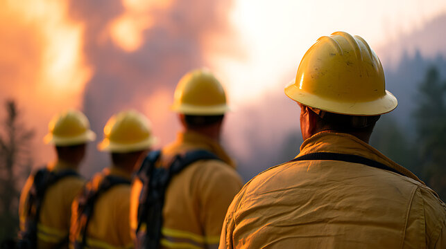 Brave firefighters in yellow protective gear and hard hats stand together in line, facing a massive wildfire disaster in the forest wilderness