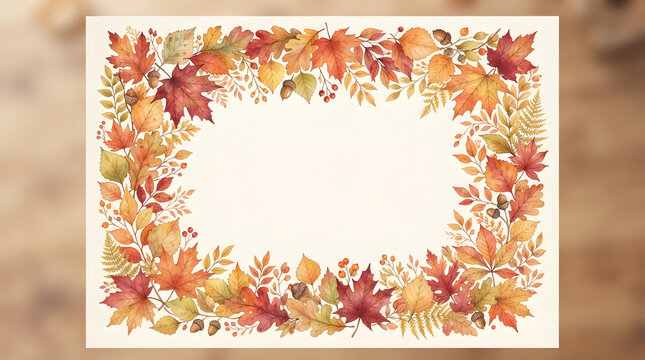 Beautiful watercolor painting of autumn leaves creating a lovely decorative frame with ample blank space for text or graphic design elements