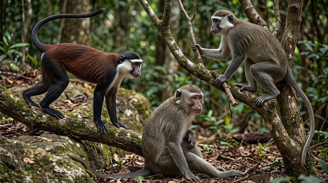Three wild monkeys in the jungle including a Diana monkey (Cercopithecus diana)