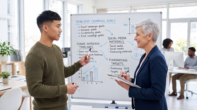 Colleagues planning year-end giving campaign on whiteboard in modern office. Nonprofit fundraising strategy meeting between young man and mature businesswoman