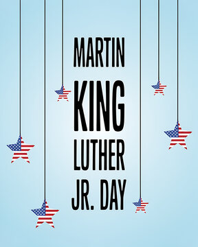 Martin luther king jr. day poster with hanging star ornaments featuring american flag patterns on a light blue gradient background