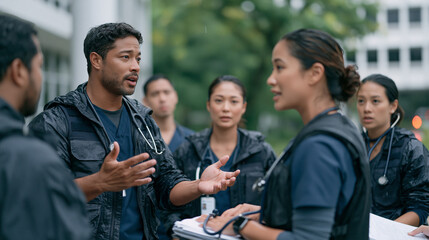 Obraz premium A team of emergency medicine residents in rain soaked scrubs outside a hospital entrance during a shift handover, animated case discussion continuing despite the downpour,
