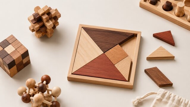Wooden tangram and assorted brain-teaser puzzles on a neutral background, featuring geometric shapes in varied wood tones with a small drawstring storage bag