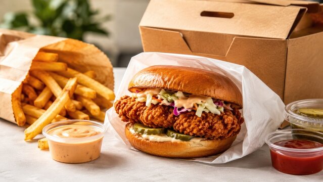 Crispy fried chicken sandwich with coleslaw, pickles, brioche bun, fries and dipping sauces in takeout packaging