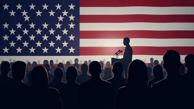 Silhouette of a speaker at a podium addressing a crowd in front of a large american flag, representing leadership, politics, and democracy