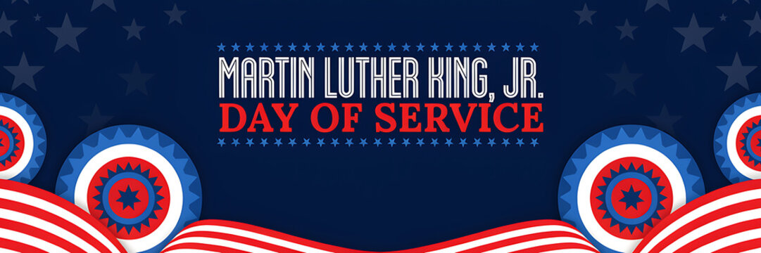 Martin luther king jr. day of service banner with patriotic rosettes, american flag stripes, and star pattern on a dark blue background theme