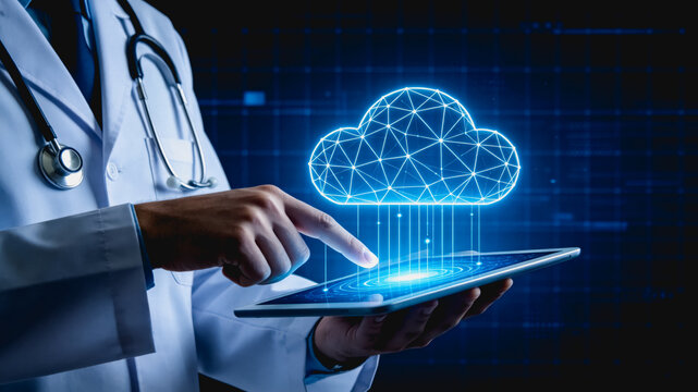 Doctor Using Cloud Technology on Medical Tablet Device