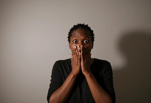 Shock and surprise, young woman covering mouth with hands in disbelief and fear, emotional reaction to bad news or unexpected information in studio