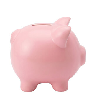 A classic pink piggy bank sits isolated on a clean white background