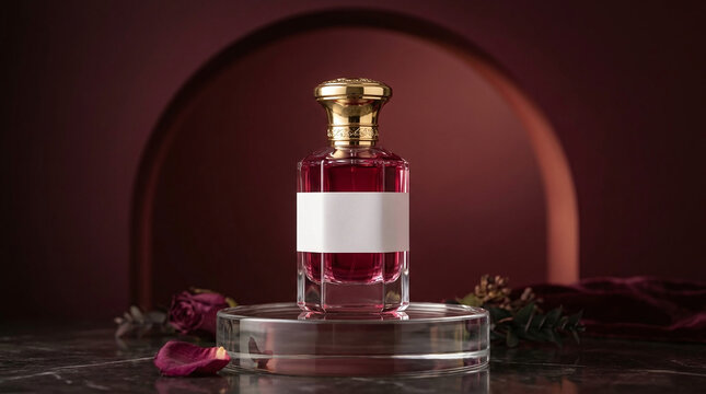 Red perfume bottle mockup with gold cap on glass stand against dark red arch