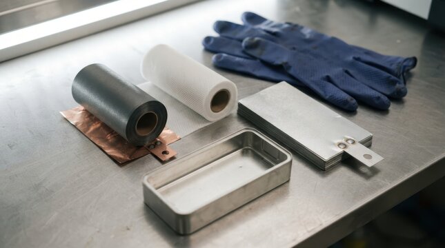 Battery components laid out with anode foil, cathode sheets, separator rolls, copper and aluminum tabs, gloves, and prismatic cell shell.