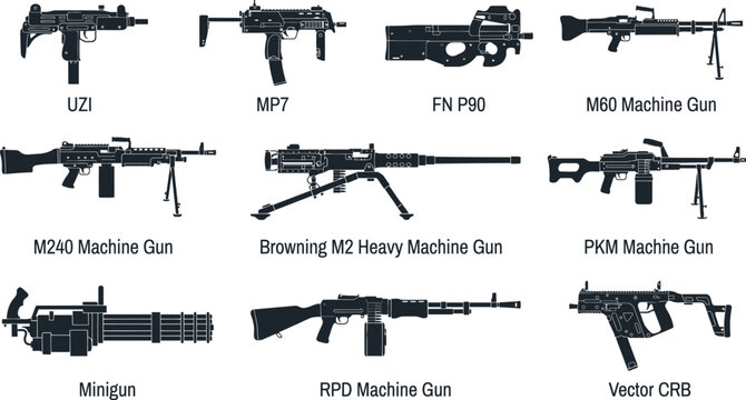 Machine Gun and Submachine Gun Icon Set | Uzi, MP7, P90, M60, M240, Browning M2, PKM, Minigun | Automatic Firearm Vector Silhouette