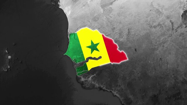 The Senegal nation shapes animated flag motion over grayscale map footage