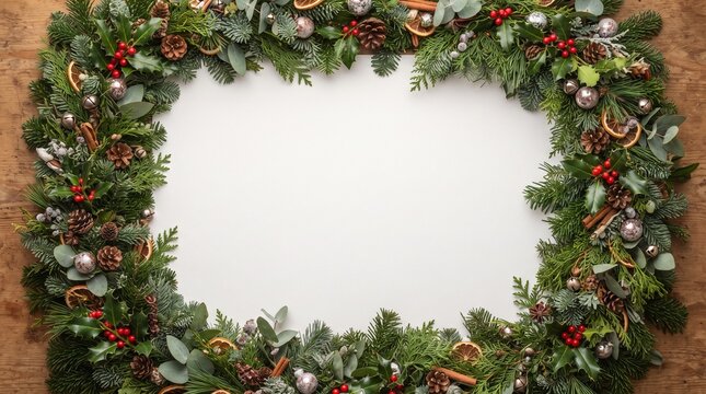 Christmas wreath border of pine berries and ornaments around white copy space, winter holiday frame for greeting cards, invites, banners, posters, prints, social posts.