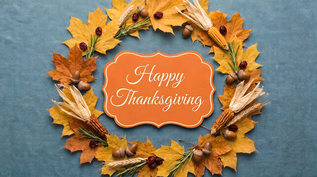A festive thanksgiving wreath made of colorful autumn leaves and acorns surrounding a decorative sign wishing everyone a happy thanksgiving