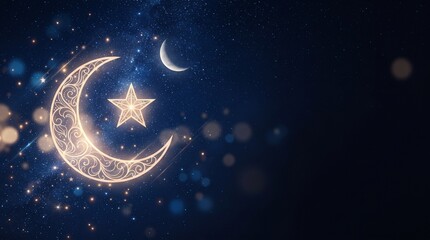 Naklejka premium Crescent moon and star on dark blue night sky, glitter bokeh dust and sparkle light with copy space for Ramadan Eid greeting cards, banners, and posters.