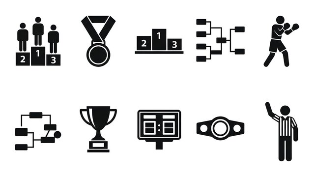 Set of black and white vector icons representing various sports competition elements including winners podium trophy medal tournament bracket and boxing championship belt