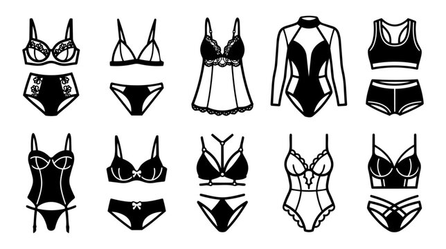 Women&rsquo;s Lingerie Silhouette Collection, Elegant Underwear Fashion Garment Vector Set