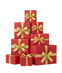 Stack of red gift boxes with gold ribbon for holiday celebrations
