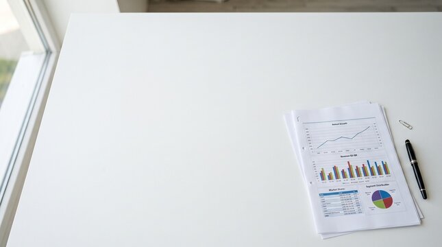 Minimal white office desk with printed business charts and graphs, clean workspace tabletop with copy space for finance presentations, reports, corporate banners and website headers.