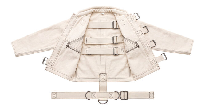 open white canvas straitjacket with metal buckles and restraint straps on a transparent background
