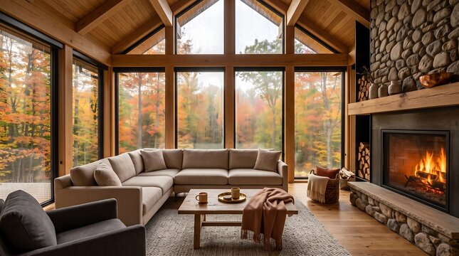 Cozy rustic living room interior with a warm fireplace and autumn forest view through large windows