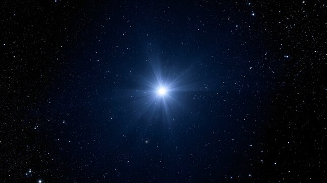 A brilliant star radiates intense light against a dark sky filled with countless distant stars