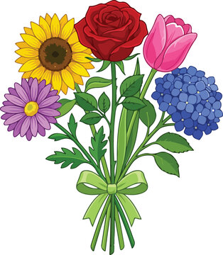 Beautiful colorful flower bouquet with rose sunflower tulip hydrangea and a green bow