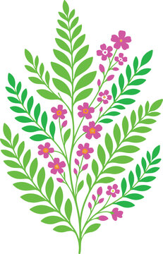 Bright green leafy plant with small pink flowers in a decorative botanical style