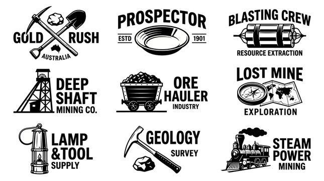 This collection of vintage-inspired mining themed illustrations captures the essence of the gold rush era, showcasing tools, techniques, and symbols of resource extraction and exploration.