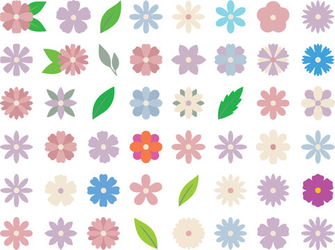 Set of colorful flower and leaf icons for floral design and spring season projects