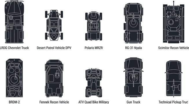 Reconnaissance and Light Military Vehicles Icon Set | DPV, Polaris MRZR, RG-31, BRDM-2, Fennek | Patrol Vehicle Vector Silhouette