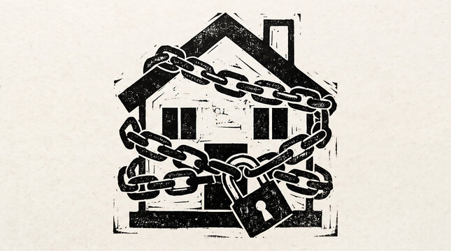 House locked with chains and padlock. Home foreclosure and mortgage debt concept. Unpaid bills and property seizure. Financial crisis, bankruptcy and real estate lien symbol.