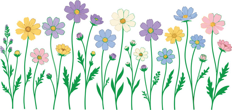 Colorful wild flowers and green leaves in a flat vector illustration for spring design