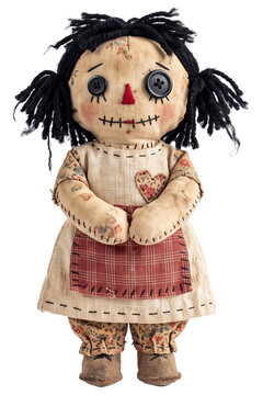 vintage handmade rag doll with button eyes and stitched mouth on a transparent background