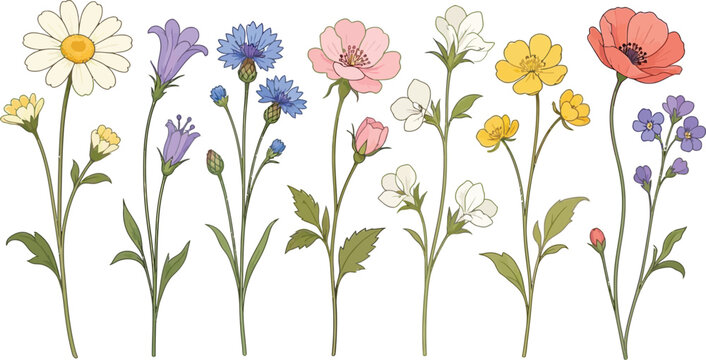 Colorful collection of hand drawn wild flowers and spring plants in a set illustration