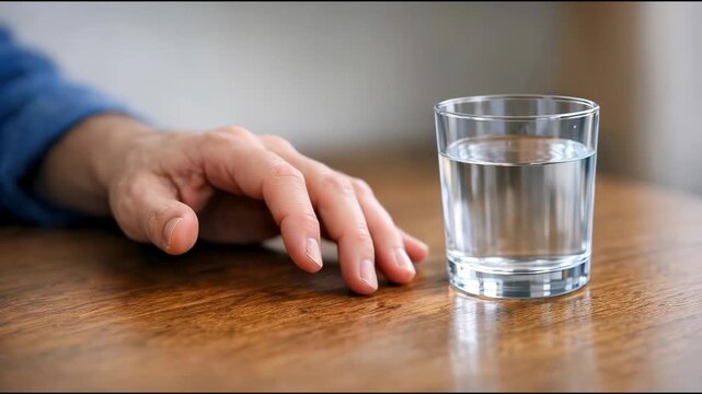 A hand stretching to grasp a glass of water